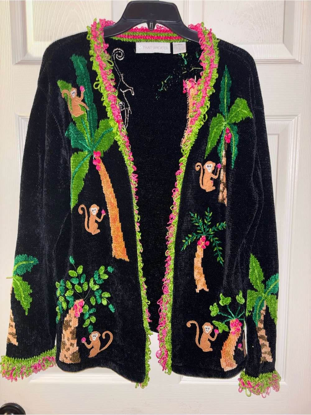 Exquisite Black Embroidered Monkey Open-Front Cardigan